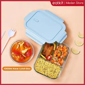 【Medan Ready stock】Eatkit Kotak Bekal Kaca 1000ml Lunch Box Microwaveable Tempat Makan 3 Sekat Food Storage Penyimpanan