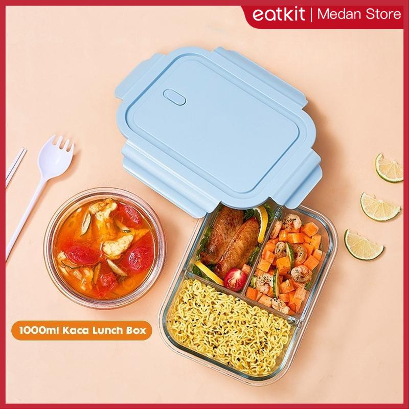 【Medan Ready stock】Eatkit Kotak Bekal Kaca 1000ml Lunch Box Microwaveable Tempat Makan 3 Sekat Food Storage Penyimpanan
