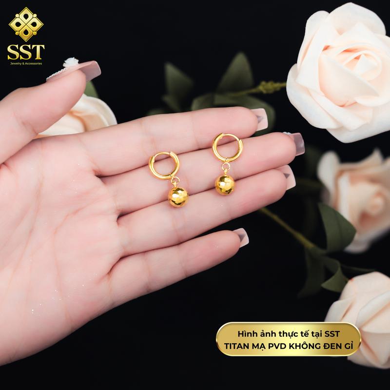 Bông tai nữ Titan SST Official Kiểu khoen trái châu chạm máy lấp lánh Không Đen Gỉ BT177