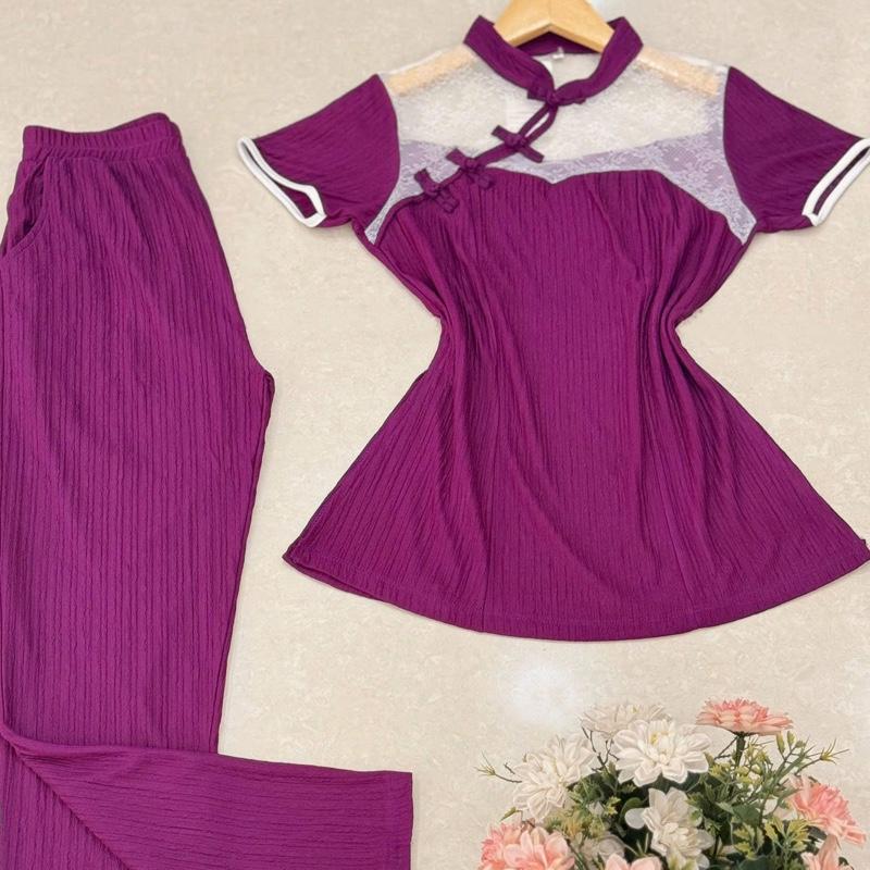  Mã c1779 đo bộ thun xốp áo cổ tiều phối ren hoa quần dài ôm mặc tết đi chơi nữ Women Top Top 