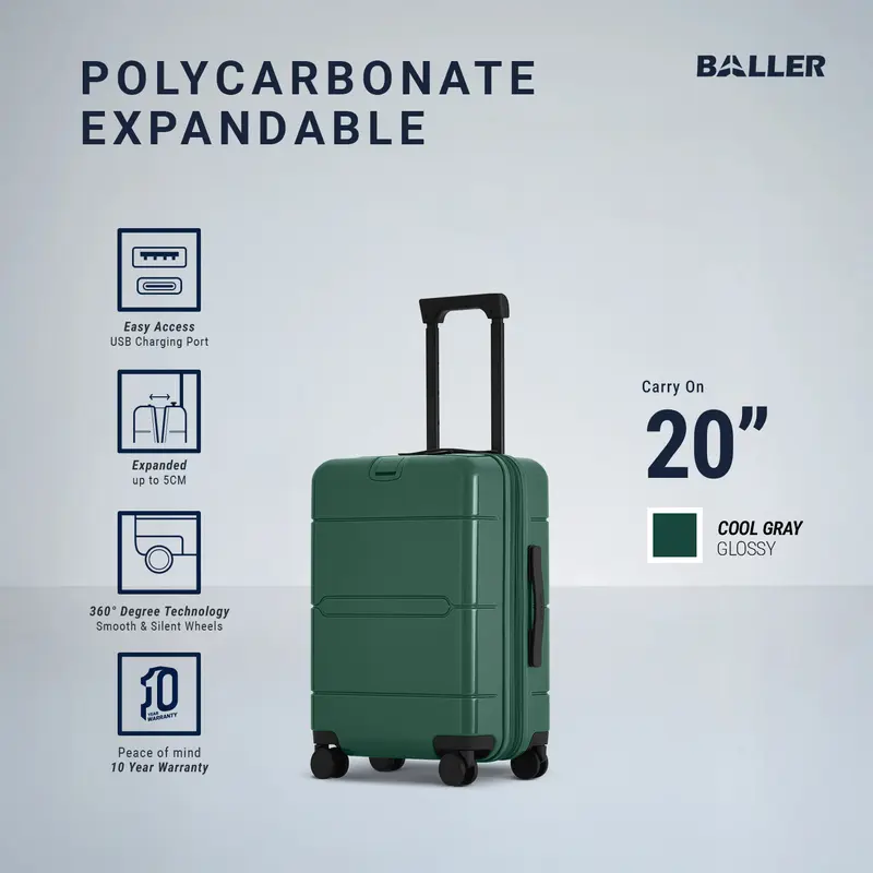 BALLER Koper Expandable Zipper Polycarbonate Carry On 20 inch Gloss Green - Koper Kabin Kecil Travelling TSA Lock 0