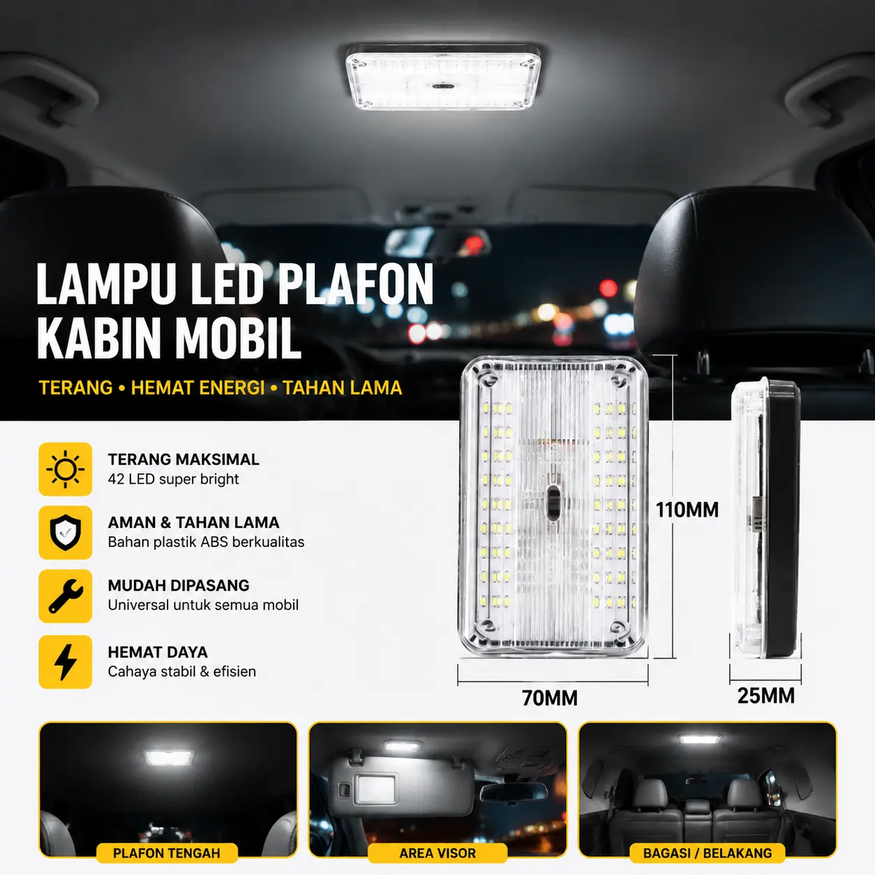 Lampu LED Plafon Kabin Mobil Universal - Super Terang Awet Hemat Listrik Instalasi Plug & Play Anti Ribet