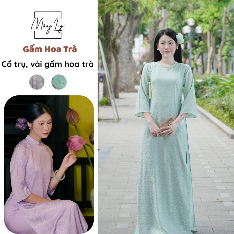   ÁO DÀI TẾT 2026  Áo Dài Gấm Hoa Trà Cách Tân Dáng Suông Cổ Trụ Tay Lỡ - Áo dài tết 2026 - Cổ Tròn Đính Hoa Charm 1 Bên Vai - Áo Dài Mây Ly 