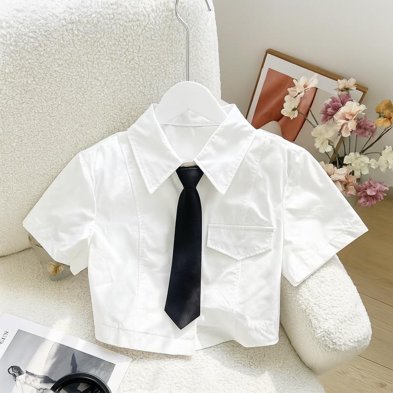 Kèm cà vạt Áo sơ mi nữ croptop tay ngắn chất liệu Kate dày dặn freesize dưới 50kg kèm cà vạt màu sắc đa dạng: Đen Trắ