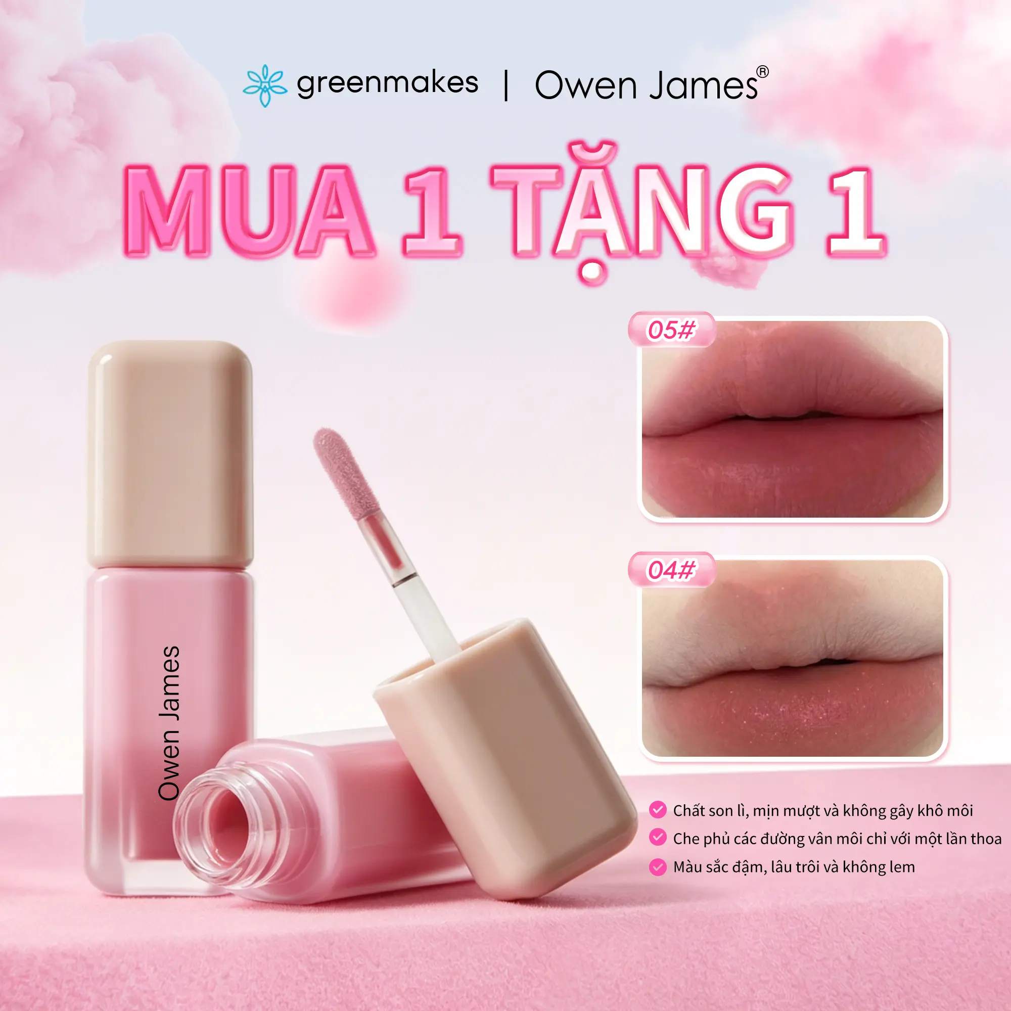 Mua 1 tặng 1 | Son kem lì New Owen James H53 với ánh sáng dịu nhẹ, hiệu ứng mờ như sữa, dưỡng ẩm lâu trôi, độ bão hòa cao, chống nước