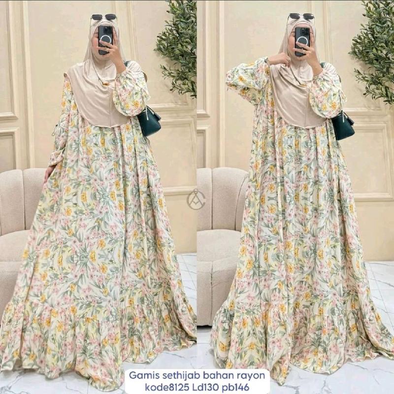 Gamis Rayon Set Hijab jumbo busui Gamis Busui Friendly Rayon Diamond Kekinian Free Hijab  Gamis Motif Long Dress Set Hijab 8