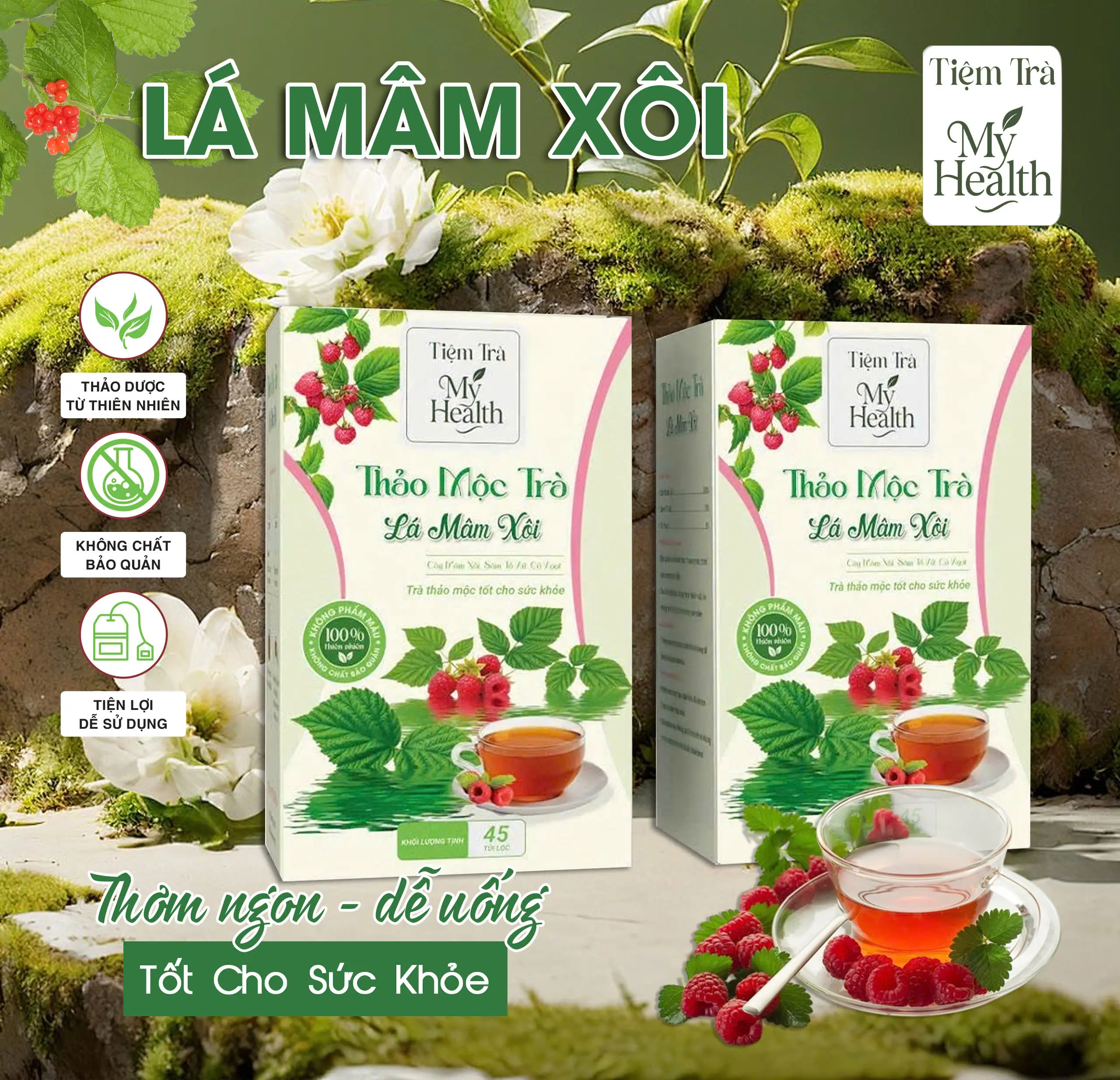 Trà Túi Lọc Mâm Xôi Rừng Tự Nhiên Hộp 45 Túi Lọc Thanh Mát, Tốt Cho Sức Khỏe, Viêm PK, Cải Thiện Râu, I.V.F, I.U.I