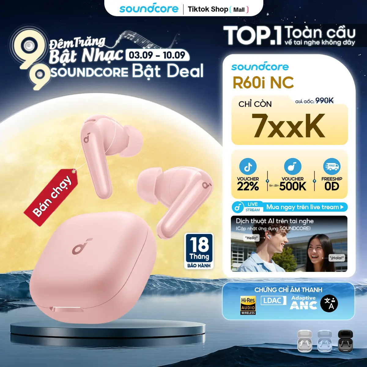 [MỚI] Tai nghe bluetooth không dây chống ồn Soundcore R60i NC chống ồn ANC | 6 Mic đàm thoại AI| Dịch thuật| 50 giờ phát nhạc- Tai nghe không dây- Tai nghe bluetooth pin trâu- Bảo hành 18 tháng- Hàng chính hãng