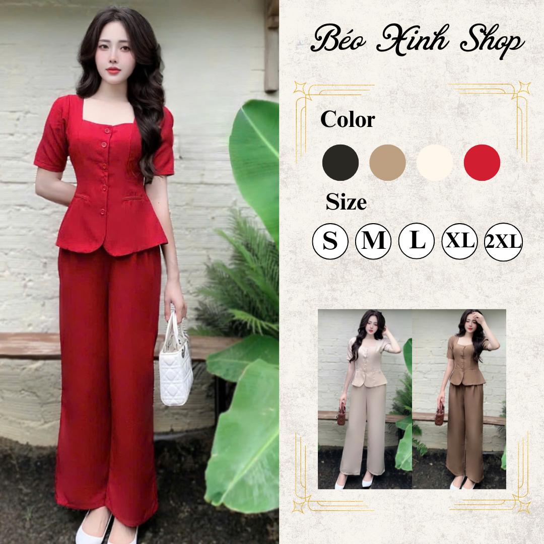 Set Quần Áo Cổ Vuông Sang Trọng Vải Cotton Lạnh Cao Cấp Thanh Lịch Cho Các Nàng 40 - 95Kg Nữ Top Women Xoè Béo Xinh Shop - A.1523