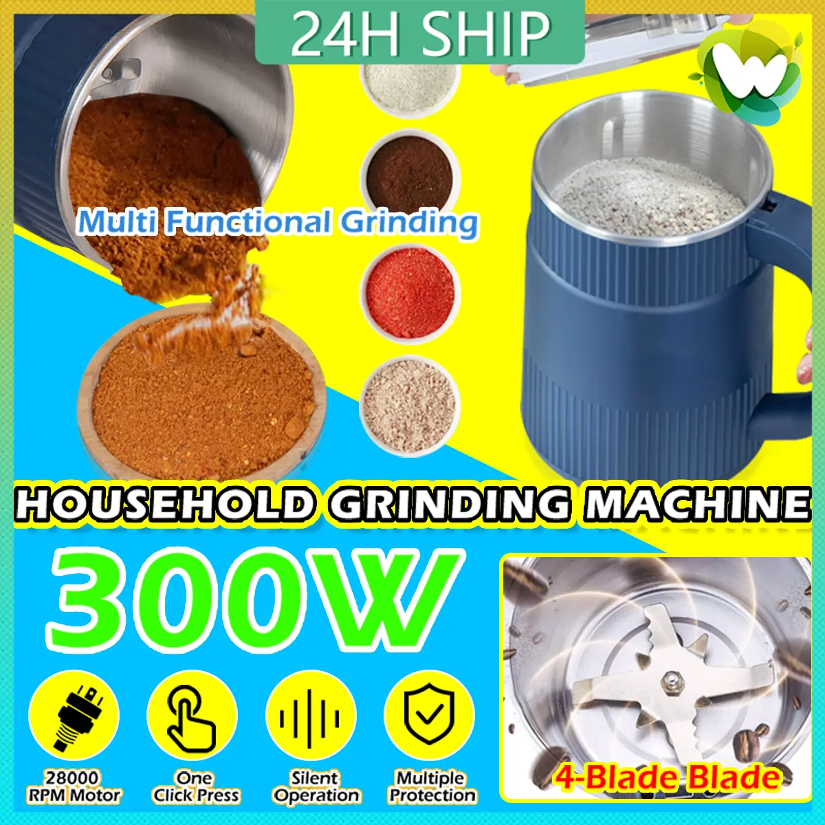 500ml Mini Stainless Steel Blender Grinder Mini Electric Coffee Grinder 300W Powerful Superfine Powder Machine Food Milling  Multifunctional Coffee Grains Spices Beans Flour Nuts Portable Small Crushing Mill