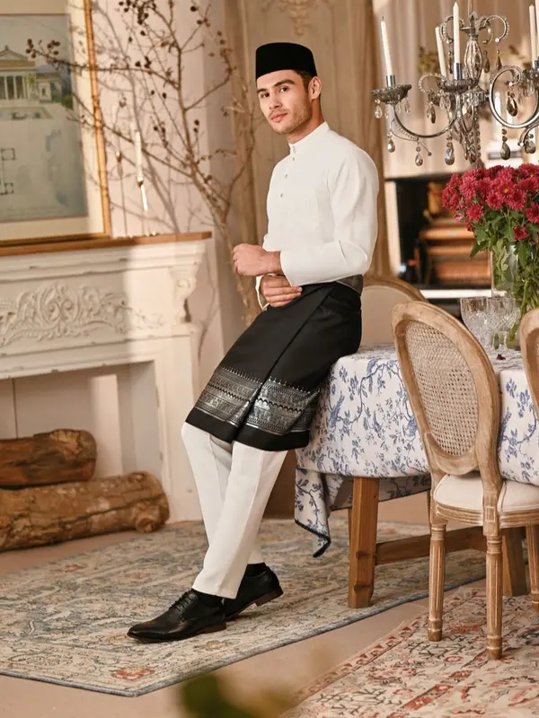 Satu Set Baju Celana dan kain songket/rumpak Teluk Belanga Cekak Musang Pria Melayu Kurung Setelan Pakaian Adat Malaysia Riau Koko Dewasa 7