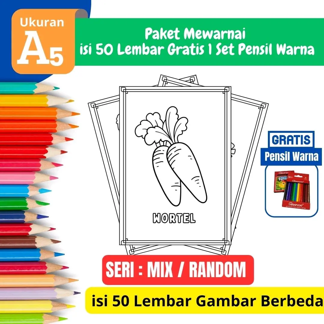 PROMO Termurah Paket Mewarnai isi 50 lembar  Gratis 1 Set Pensil Warna - Mix/ Random - Ukuran A5 Tebal