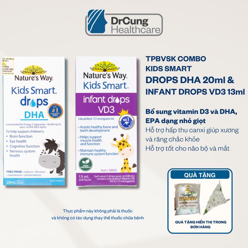  TPBVSK Combo Trẻ Sơ Sinh gồm 2 sản phẩm Nature's Way Kids Smart Drops DHA 20ml và Infant Drops VD3 Lọ 13 ml hỗ trợ bổ sung DHA vitamin D3 chăm sóc sức khỏe cho trẻ MUA COMBO TẶNG 1 SET 5 KHĂN YẾM XÔ 