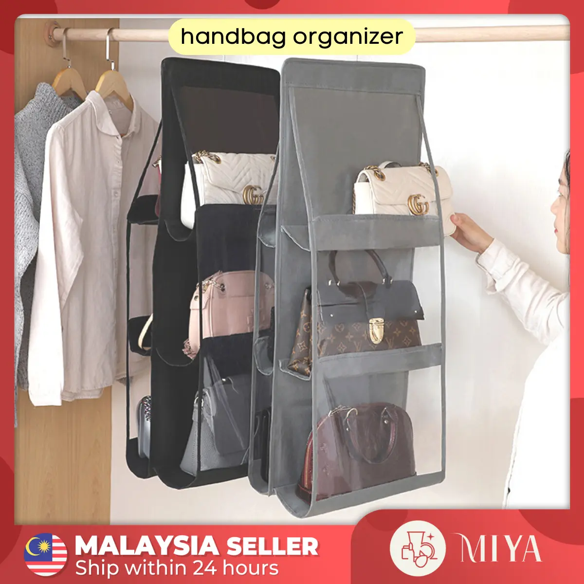 6 Pocket Handbag Storage Organizer Hanging Dustproof Space Saving Wardrobe Bag Organizer Tempat Letak Beg Tangan