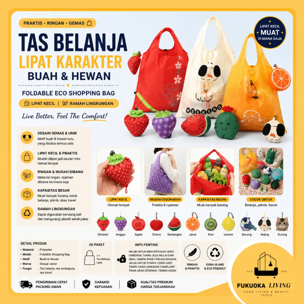 [FUKUOKA] Waterproof Foldable Tas Belanja Lipat Animal Fruit Strawberry Shopping Bag Foldable ECO Go Green Motif Hewan Buah Serbaguna - Bahan Linen Kuat Praktis Dilipat