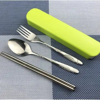 BISA COD H587 Set Sendok Makan / Sendok Makan / Sendok Garpu Sumpit Besi Hijau Kotak Stainless Steel Kitchenware