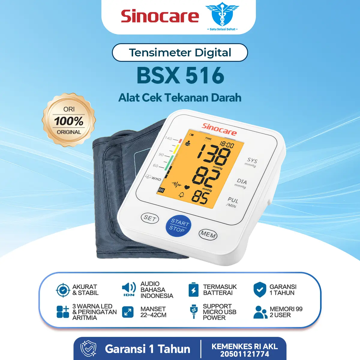 Sinocare BSX‑516 Tensimeter Digital Otomatis Type C – Audio Bahasa Indonesia, 3 Indikator Warna, 2 User 198 Memori