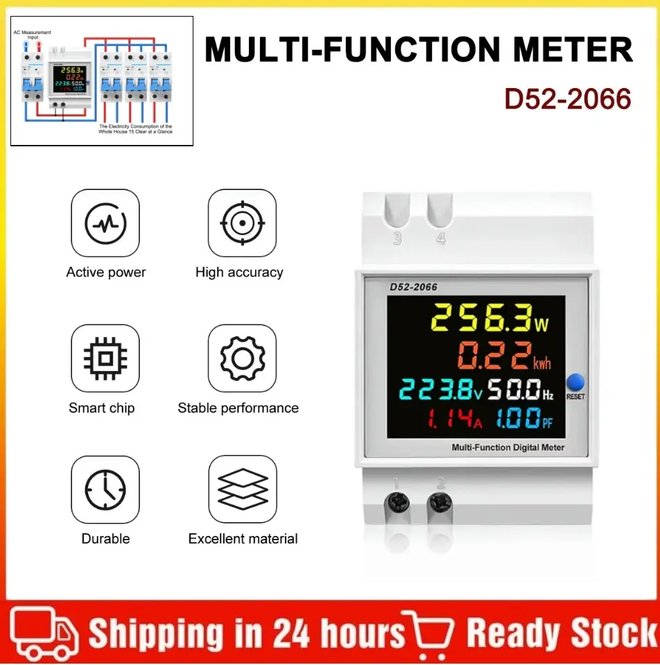 Màn hình AC đường ray din, 6IN1, 40-300V, Vôn, Dòng điện, Hệ số công suất, Máy đo tần số năng lượng điện KWH chủ động, Vôn và ampere