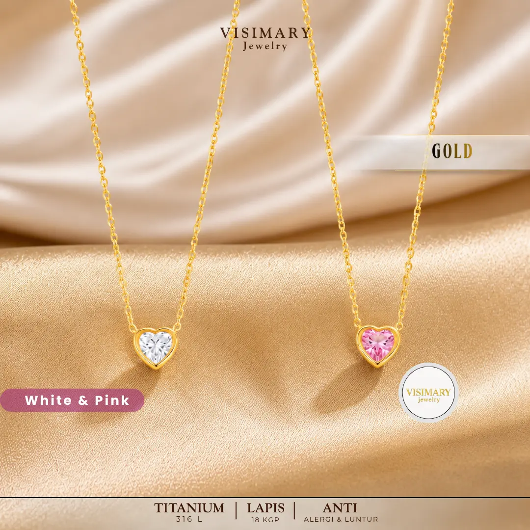 Visimary • Haneen Zareen Kalung Wanita Titanium Blush Necklace Perhiasan Kalung Hati Pink Permata / Kalung Love Polos / Anti Karat Aestetic Korean Style Elegan Simple Mewah