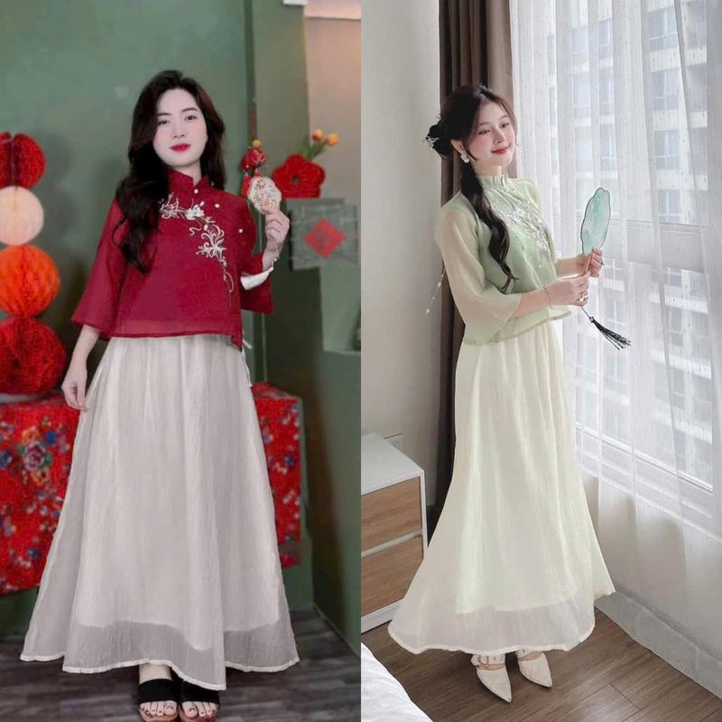 sét đồ nữ áo tơ thêu hai lớp cổ tàu kèm chân váy dài siêu xinh phù hợp mặc đi chơi chụp hình tết