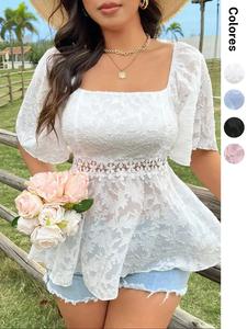 【 Talla grande 】 Blusa lisa ahuecada, Top casual de manga corta para el verano, Ropa de mujer para uso diario