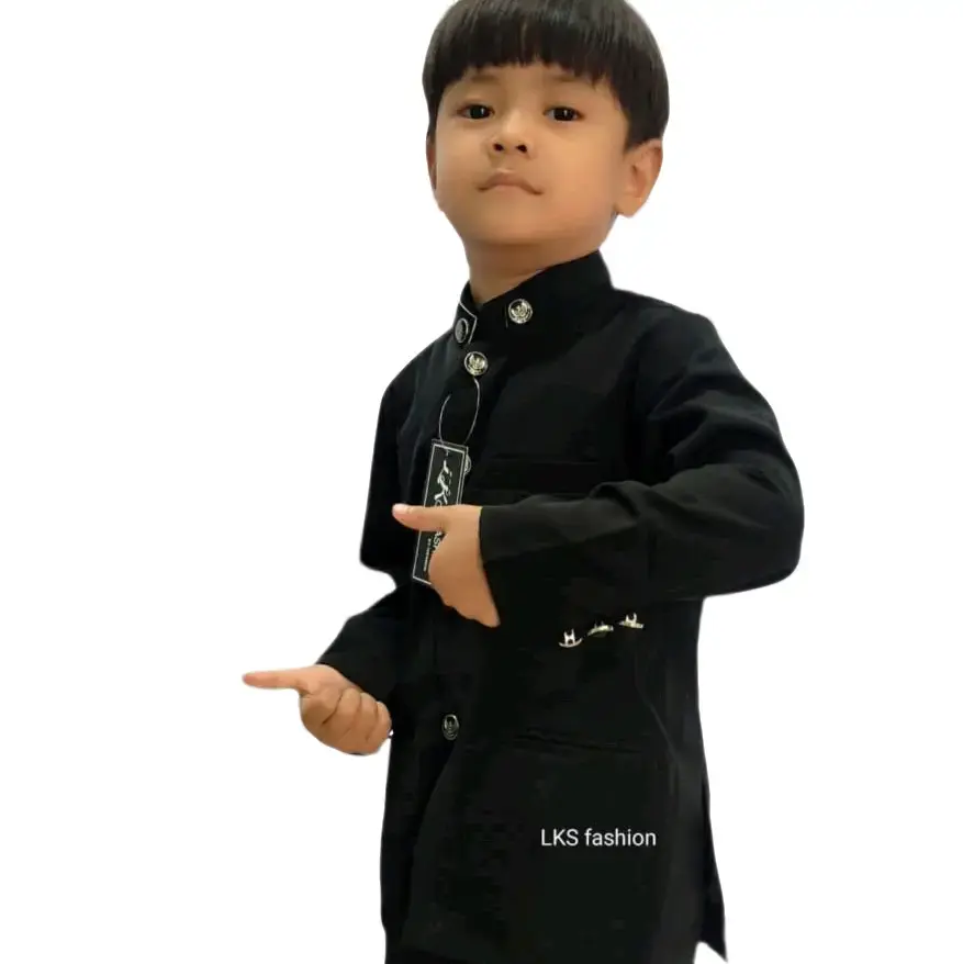 Jasko setelan anak laki-laki atau  Baju  Koko muslim anak kain  Katun besway  Lembut nyaman di pakai ful Kancing set el Kerah Panjang Tangan Hitam sampe ukuran anak Tanggung Atasan