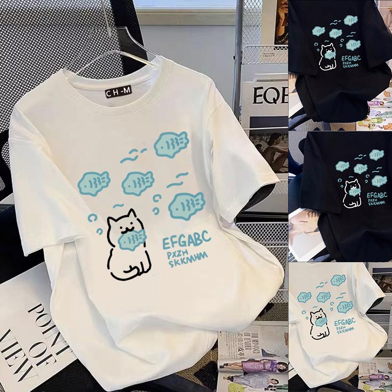 Product Introduction of 【CHMian mall】T-SHIRT WANITA - KAOS Cat putih&hitam OVERSIZE Round Neck Lengan pendek  kaos  wanita terlaris/ kaos  murah 5