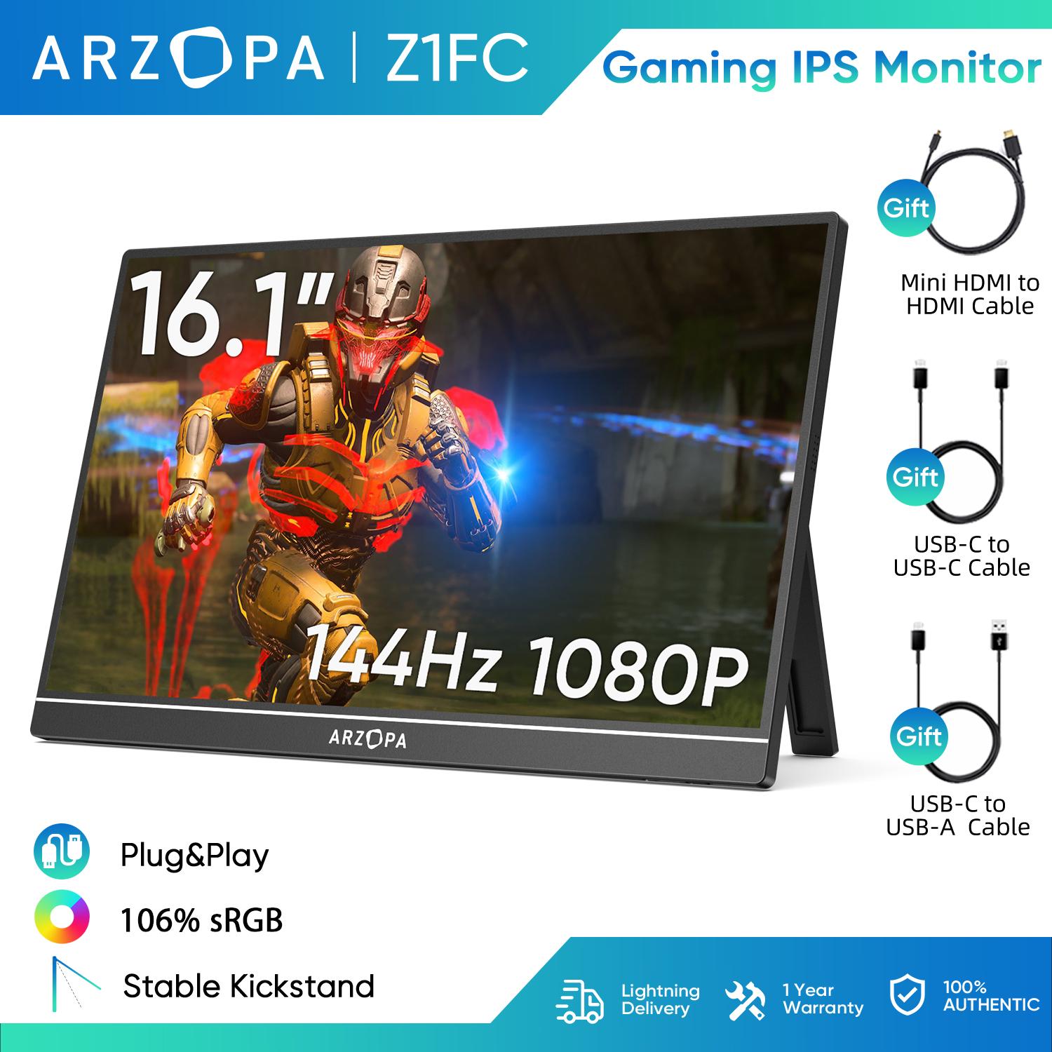 ARZOPA Z1FC จอภาพเกมมิ่งแบบพกพา, 144Hz, หน้าจอ 16.1 นิ้ว, US-C HDMI, เข้ากันได้กับ iPad, PC, Mac, โท