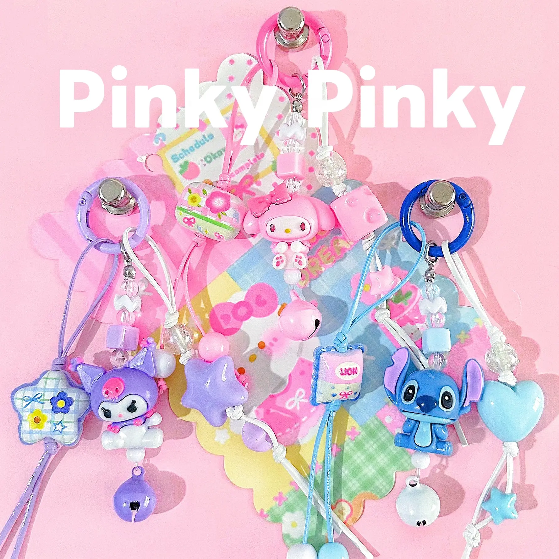 Pinky - Melody & Kuromi & Stitch Gantungan hp/Lanyard Handphone elegan Super Manis dengan Beads dan Pita Cantik untuk Tas & Kunci /Strap hp Grosir/Gantungan tas