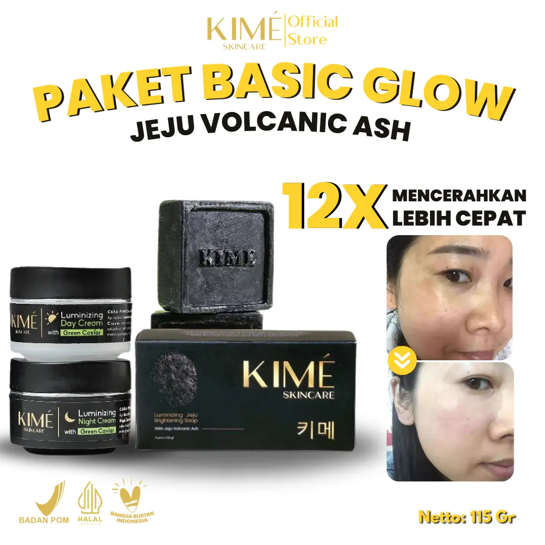 Paket Basic Glow Kime Skincare: Sabun Pembersih, Cream Siang Ringan SPF 30, dan Cream Melembapkan Sepanjang Malam - Hitam Pencerah