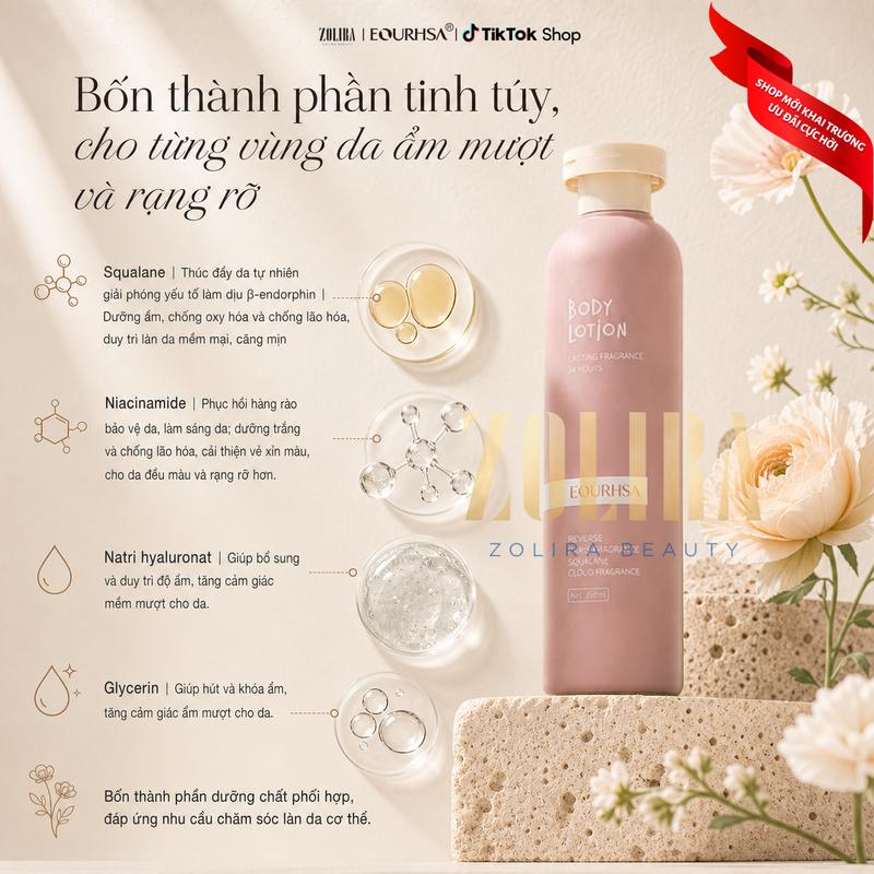 Sữa dưỡng thể hương nước hoa cao cấp, chứa Niacinamide giúp cải thiện da xỉn màu, dưỡng ẩm lâu, ngừa khô da, thấm nhanh không nhờn rít, phù hợp mọi loại da, dùng cho nam và nữ
