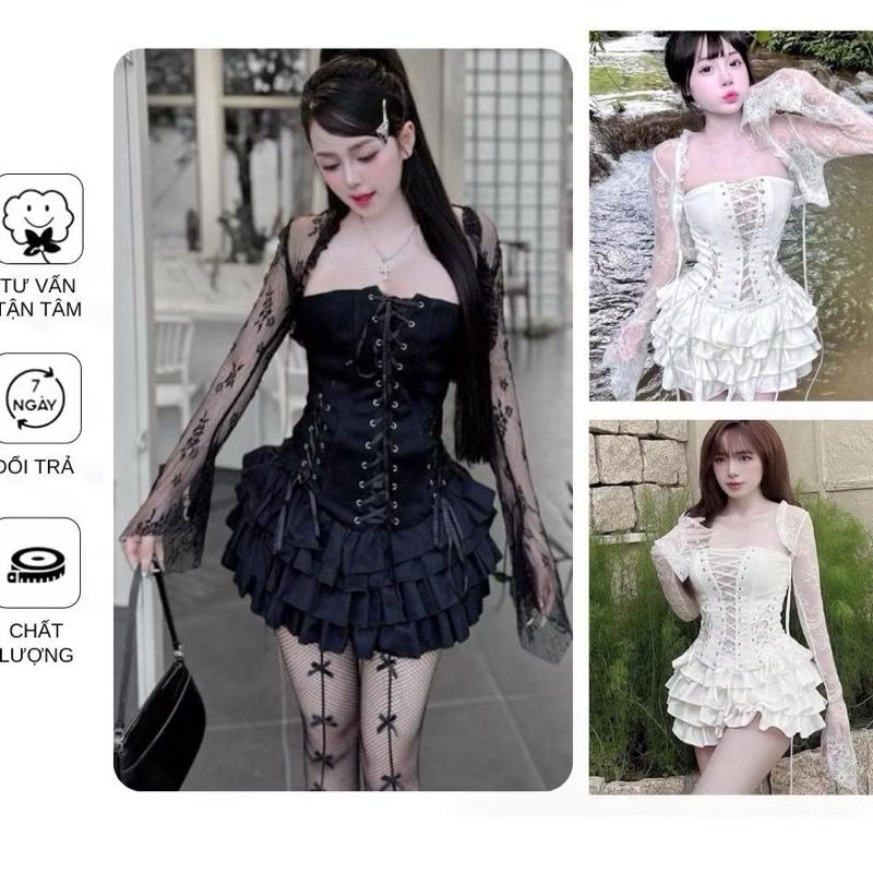 [ Có Bigsize ] SET CORSET 3 MÓN ÁO KHOÁC REN HOA +ÁO ỐNG ĐAN DÂY PHỐI REN LƯỚI HOA + CHÂN VÁY TẦNG By Tường Vy Shop