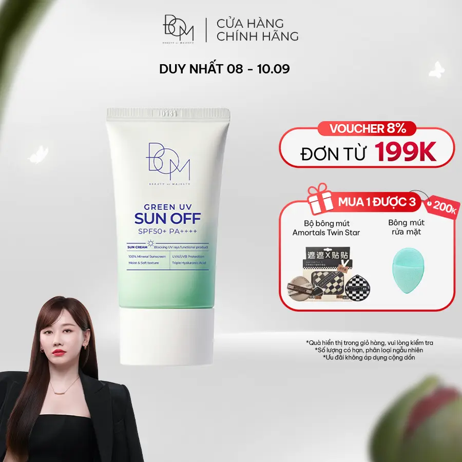 Kem Chống Nắng Nâng Tông B.O.M Green UV Sun OFF SPF 50+ PA++++ 50ml, Kem Chống Nắng Vật Lý Nâng Tông Da, Mỏng Nhẹ