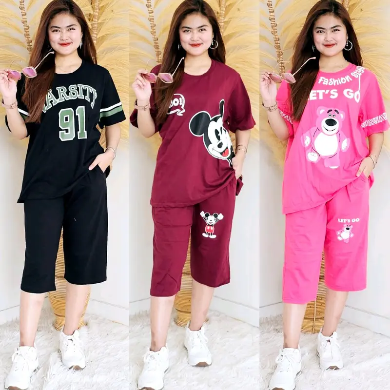 Setelan Wanita Jumbo Lengan Pendek Celana 7/8 Atasan Celana Bahan Katun Kombed 30s One Set Oversize All Size Wanita Setcel Dewasa Remaja Katun Lembut Nyaman Combed Baju Motif 0