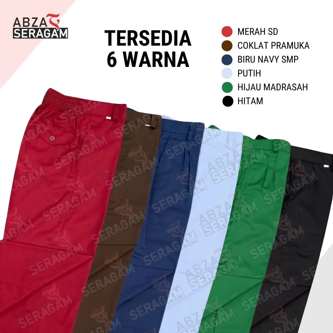 ABZA Celana Panjang Sekolah SD SMP Pinggang Karet Bahan DRILL Super Gride A Warna Merah Hijau Putih Coklat Hitam Biru SMP Celana SD Celana SMP Celana Merah SD Celana Sekolah Anak Putra Putri
