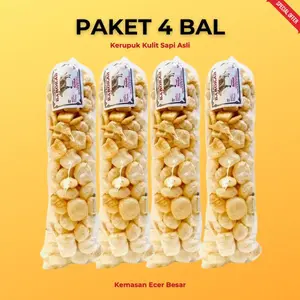 Kerupuk Kulit Sapi Asli Barokah 4 Ball Kemasan Ecer Besar 80-100 Gram Per Bal Rasa Original Asin Gurih Pedas Daun Jeruk Balado Dorokdok Guling Rambak Cemilan Snack Food Kering Keripik