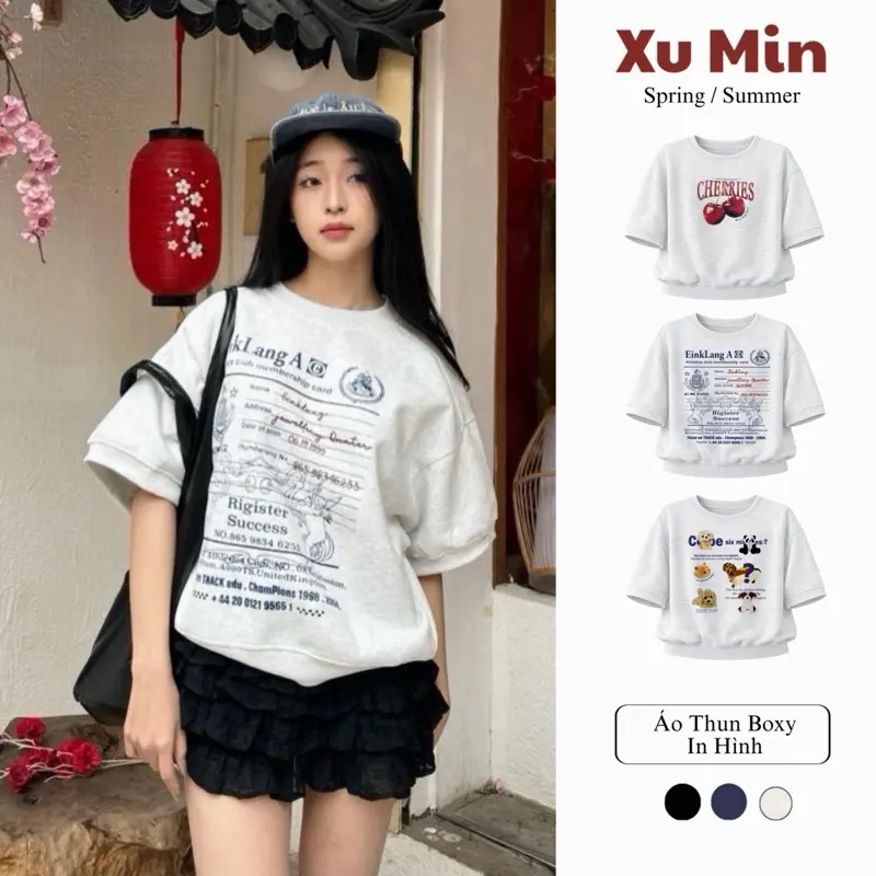 (BST 2026) Áo Thun Dáng Xuông Boxy Trendy Xu Min Min - Chất Nỉ Hai Da/Umi Hàn, Phong Cách Hàn Quốc, In Hình Đa Dạng