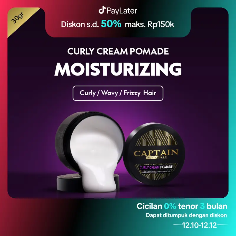 Captain Men's Care Curly Cream Pomade 30gr / Pomade Pria / Medium Hold / Medium Shine / Moisturizing / Melembabkan Rambut / Membuat Rambut Ikal Kering Menjadi Lembut Berkilau Perawatan Cowok 1