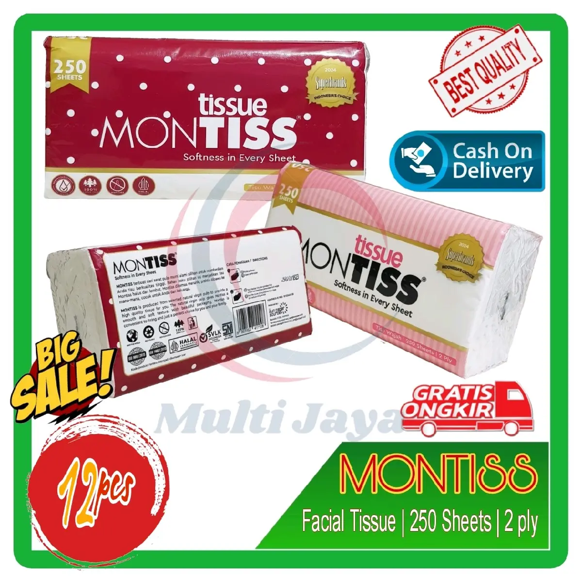 [ PAKET 12 PCS ] Tissue montiss 250 sheet 2 ply | tissue wajah Lembut 2 Lapis