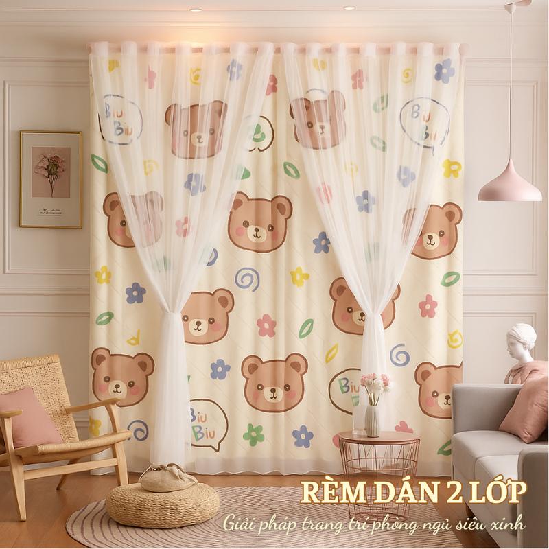 Rèm cửa sổ dán tường 2 LỚP rèm dán không cần khoan hoạ tiết dễ thương tặng kèm keo dán rèm