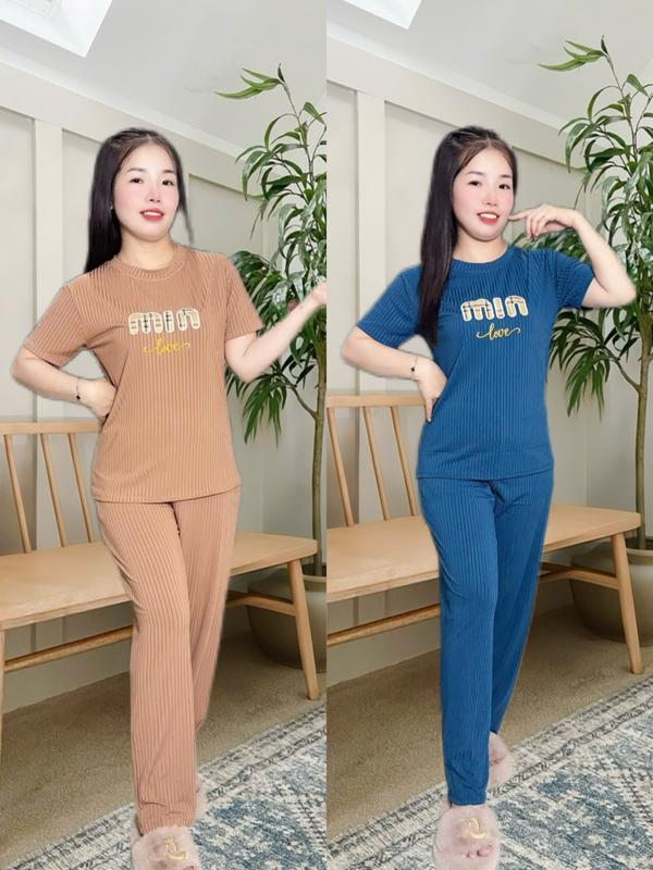  Bộ Cổ Tròn Quần Suông Dài Lưng Cao Thêu Chữ Chất Thun Gân Đũa Form Nhỏ - Size dưới 70Kg 