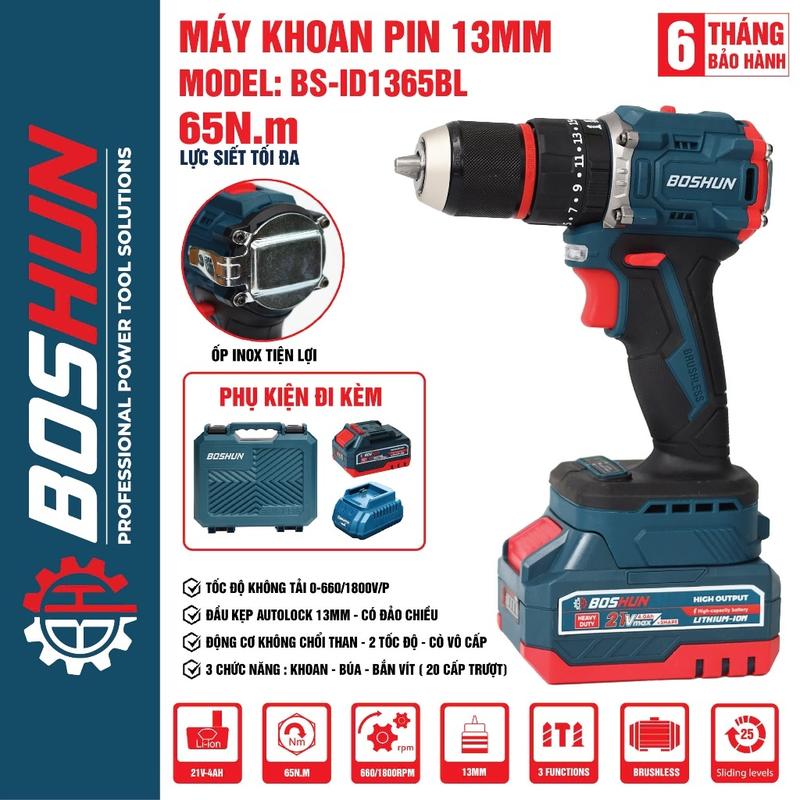 Máy Khoan Pin BOSHUN BS-ID1365BL 3 Chức năng Đầu Kẹp 13mm 65Nm Động cơ Không Chổi Than Ruột đồng 100%
