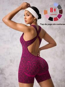 Mono sin costuras para mujer con estampado de leopardo, shorts y alta elasticidad, copas desmontables del sujetador, ideal para uso diario y deportes al aire libre