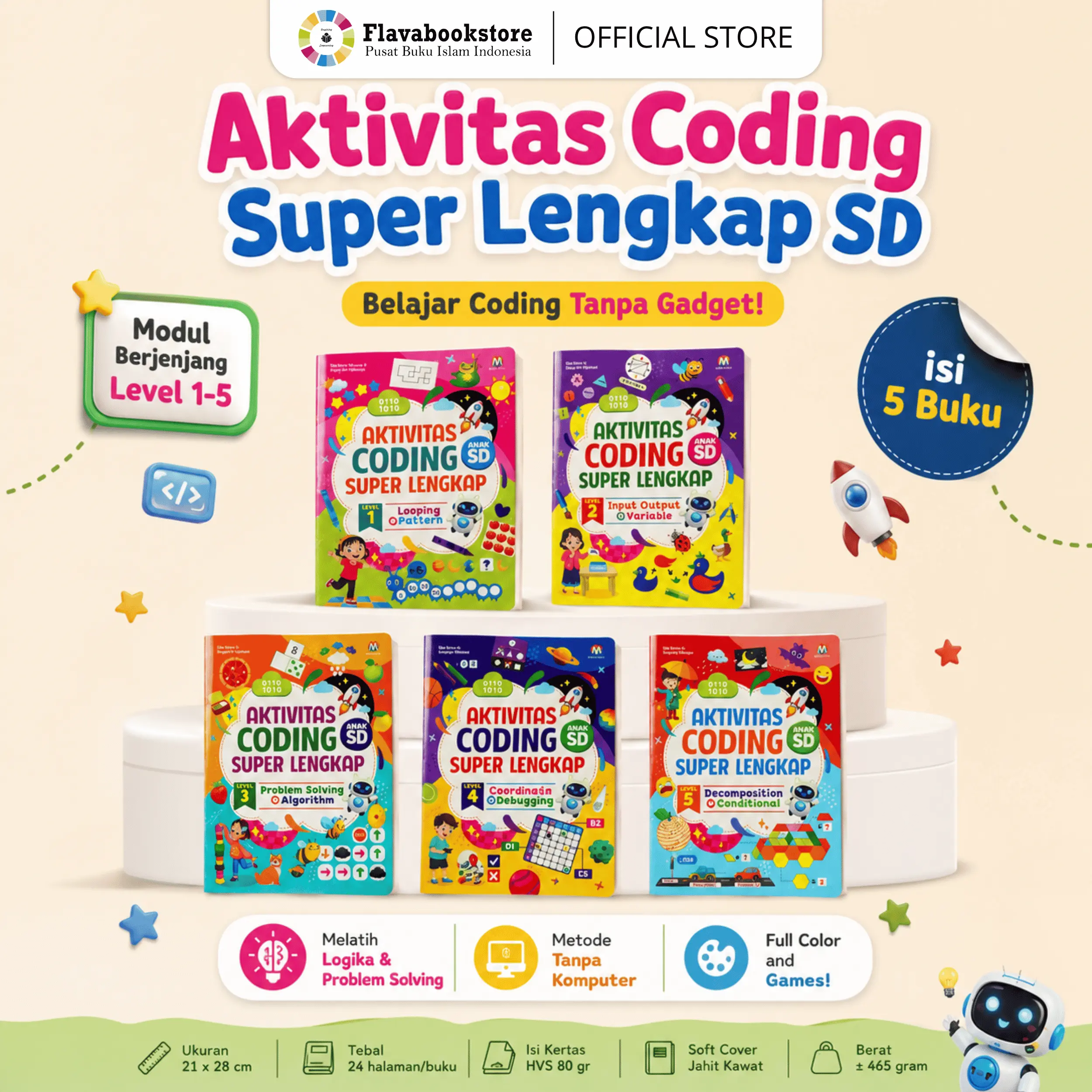 (ISI 5 Buku) Aktivitas Coding Super Lengkap - Buku Belajar Koding Tanpa Komputer Anak SD 6 7 8 Tahun || Coding For Kids Full Color Edukatif - Ziyadbooks