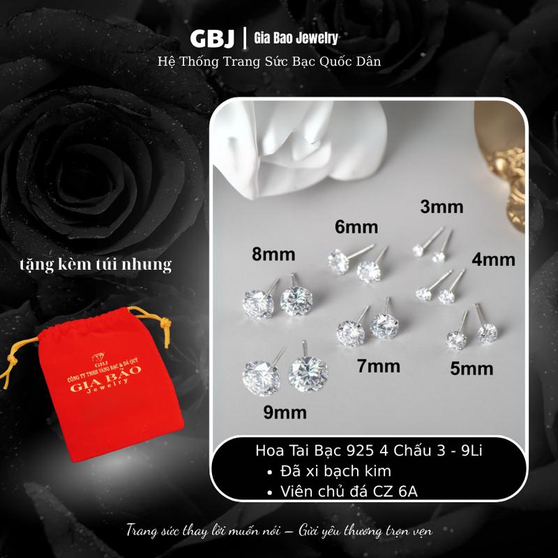 Hoa Tai Bạc Nụ 4 Chấu 3Li-9Li (chốt đẩy) Đơn Giản Phong Cách Unisex GBJ844