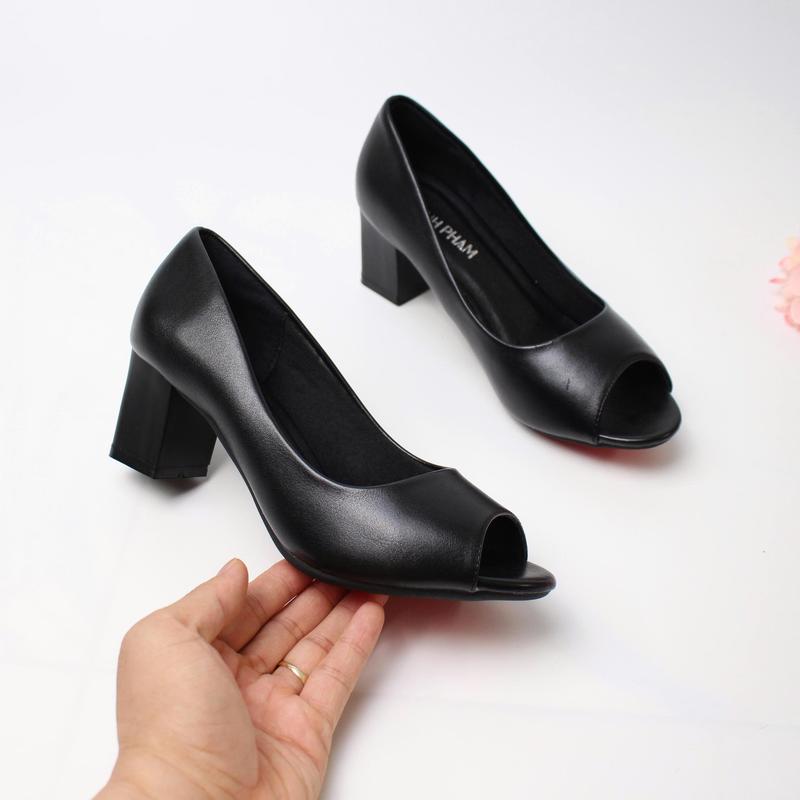  Giày Cao Gót Nữ 5cm Màu Đen Hở Mũi Mã 5P Size 35-42 Chất Liệu Da Cao Cấp 