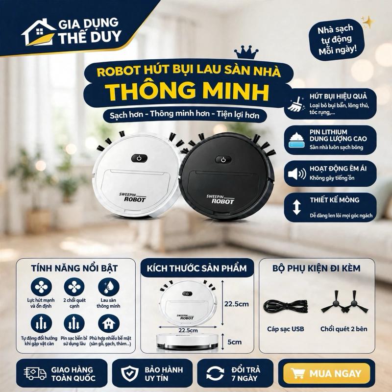 Robot Hút Bụi Lau Nhà Thông Minh SWEEPIN ROBOT 3 Trong 1, Tự Động Quet Hút Lau Sàn, Hút Bụi Tóc Rôi, Thiết Kế Siêu Mỏng 5.5cm, Pin Sạc USB, Dùng Cho Sàn Gỗ Và Gạch Men