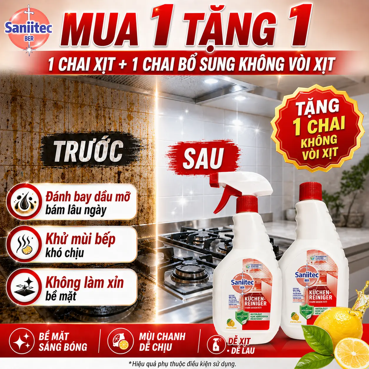 【MUA 1 TẶNG 1】 2 chai kèm 1 đầu xịt Nước Rửa Bếp Saniitec 500ml Diệt 99.9% Vi Khuẩn - Khử Dầu Mỡ Cứng Đầu & Mùi Hôi Hiệu Quả | Không Cặn, An Toàn Da Tay | Công Nghệ Đức - Chuyên Dụng Cho Bếp Gia Đình