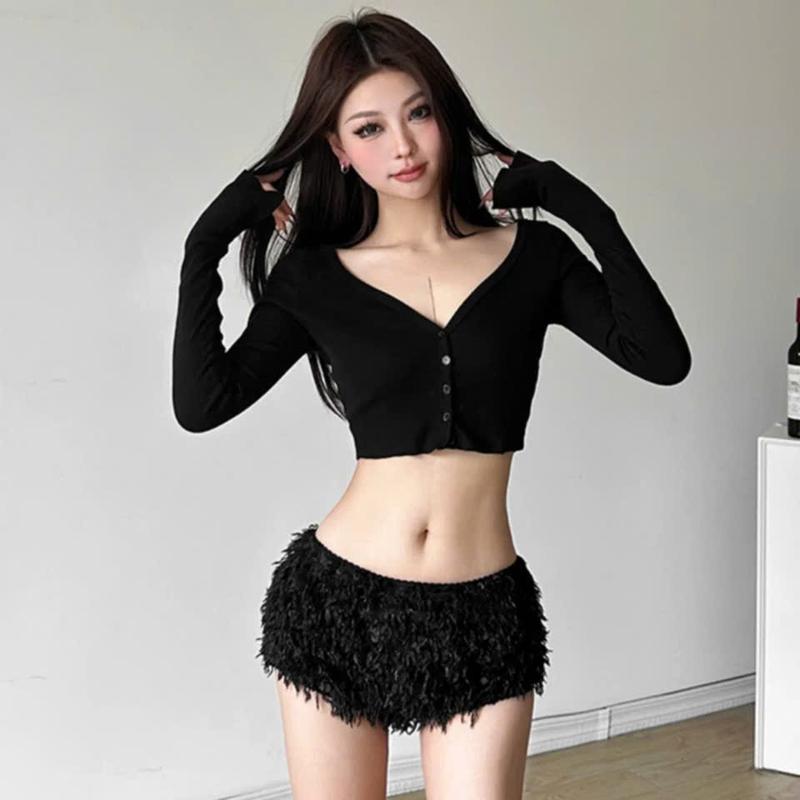 P192 - Quần short ngắn lông vũ cạp thấp ôm body trendy mới màu trắng, đen siêu cá tính