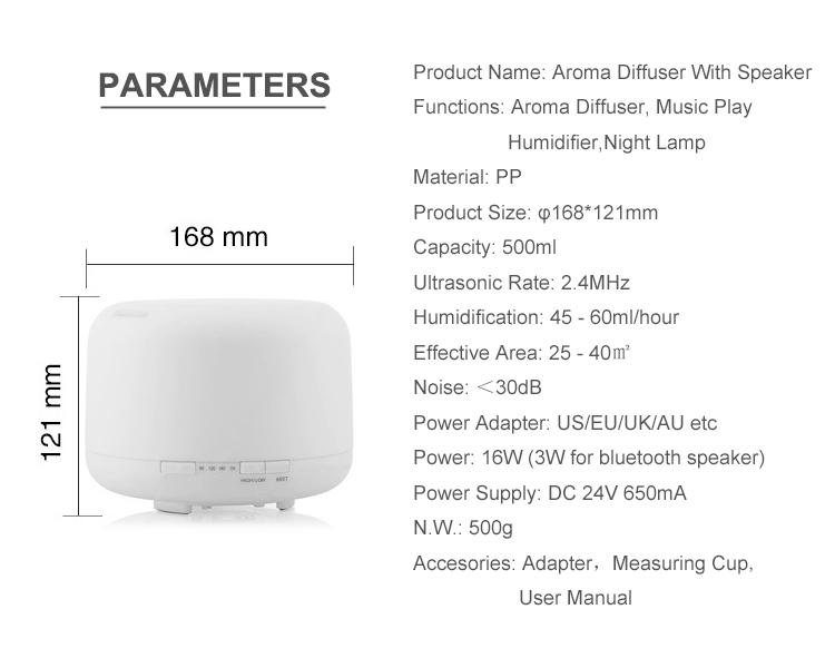 Product Introduction of LED Ultrasonic Cool Mist Humidifier, Aroma Essential Oil Diffuser 7 Color Night Light with Bluetooth Music Speaker, Auto Shut Off 21